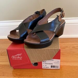 Dansko Black Leather Cross-Strap Slingback Wedge Sandals